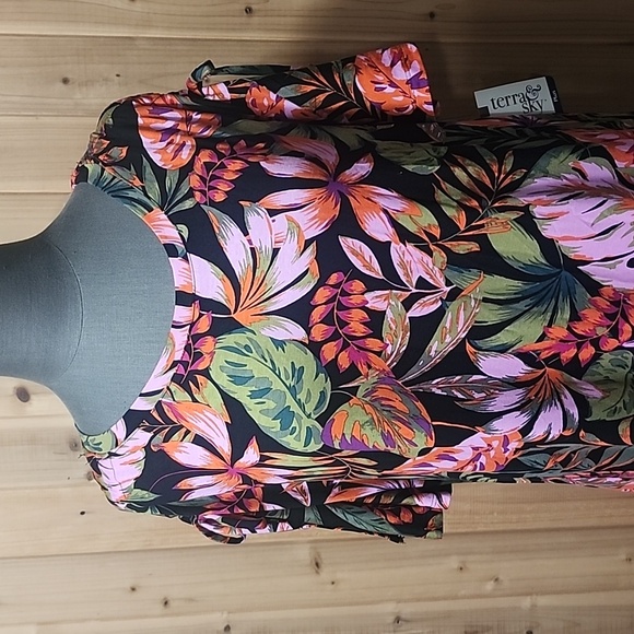 Terra & Sky tropical print ruched shoulder knit dress NWT - Picture 2 of 8